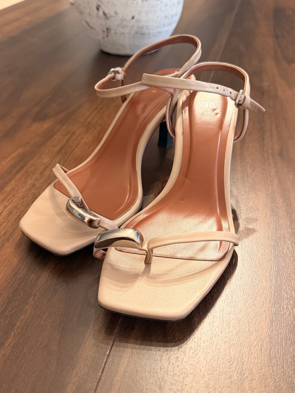 Zara Pale Beige Ankle-Strap Square-Toe Heels